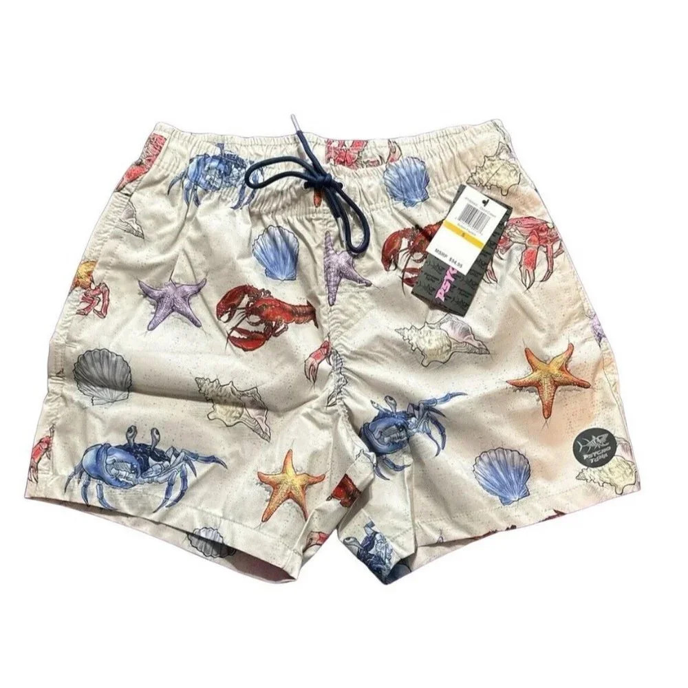 Psycho Tuna Ivory Crab Starfish Bottom Feeders Swim Trunks Board Shorts NWT